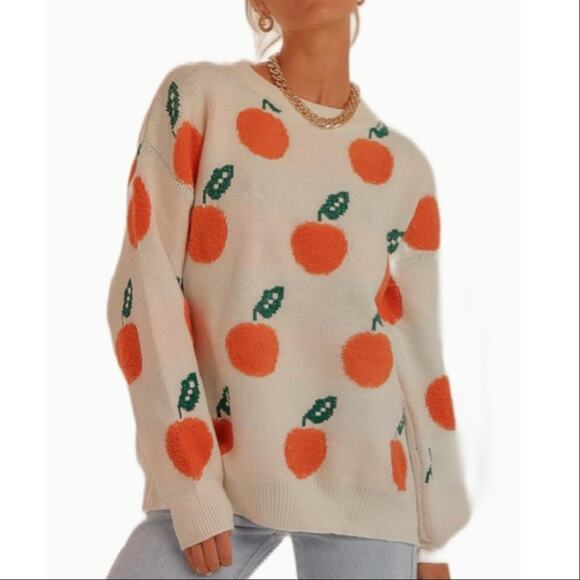 Unbranded Sweaters - Unbranded Womens Knitted Orange Sweater Casual Cute Loose Pullover Fruit Texture